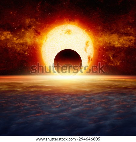 Dramatic fantastic background - exploding red planet approaching planet Earth, end of world, red glowing sun. Elements of this image furnished by NASA nasa.gov
