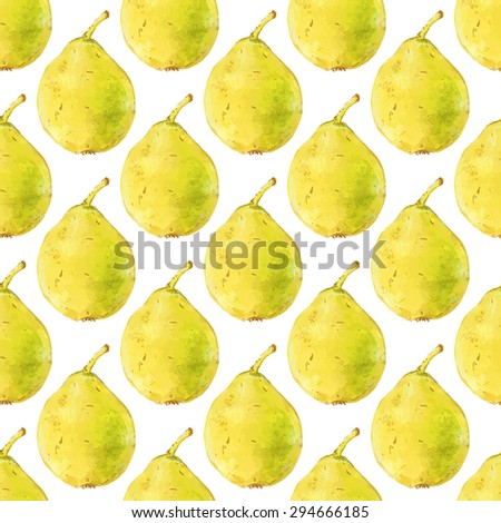 Pears. Seamless pattern with fruits. Hand-drawn background. Vector illustration. Real watercolor drawing.