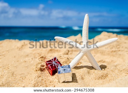 Starfish with gift boxes on the sandy beach in Hawaii, Kauai