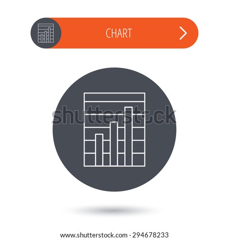 Chart icon. Graph diagram sign. Demand growth symbol. Gray flat circle button. Orange button with arrow. Vector