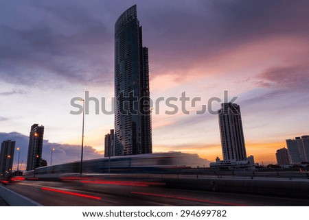 Bangkok city at sunset, street view on Taksin Bridge,  bangkok, thailand.