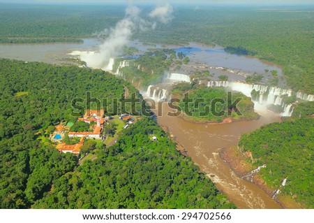 Helicopter flight above Iguazu falls. Argentina and Brazil.