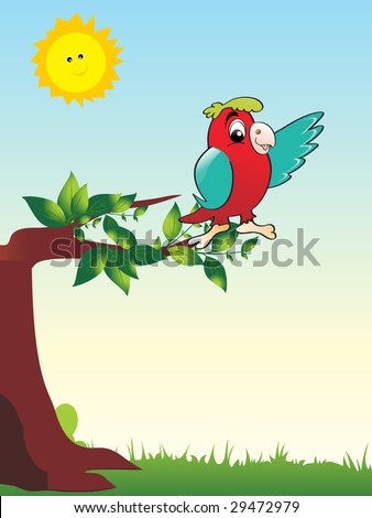 natural background with cute parrot sitting on branch, vector wallpaper