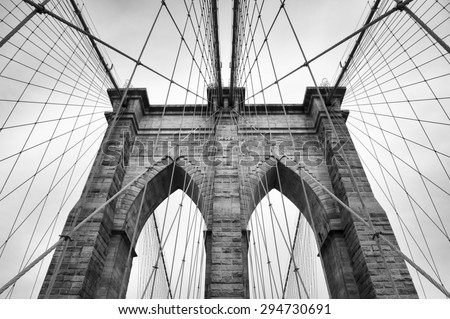 Brooklyn Bridge New York City close up architectural detail in timeless black and white Royalty-Free Stock Photo #294730691