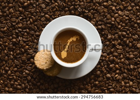 Still life photography of hot coffee beverage with map of Norway