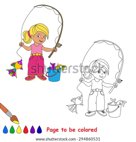 One cartoon baby fisher girl catch fish. Coloring book for children. Page to be color for kid playing. Summer hobby.