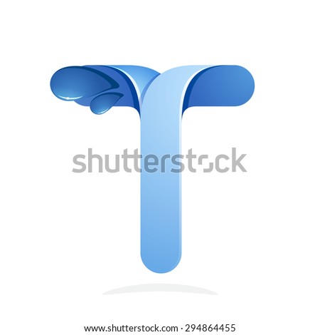 T letter with water waves and blue drops. Vector design template elements for your ecology application or company branding