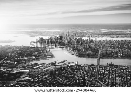 BW dramatic view of the New York City skyline, ports, etc. 