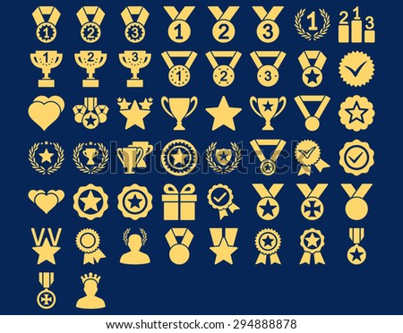 Competition and Awards Icons. These flat icons use yellow color. Vector images are isolated on a blue background. 