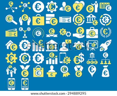 Euro Business Iconst. These flat bicolor icons use yellow and white colors. Vector images are isolated on a blue background. 