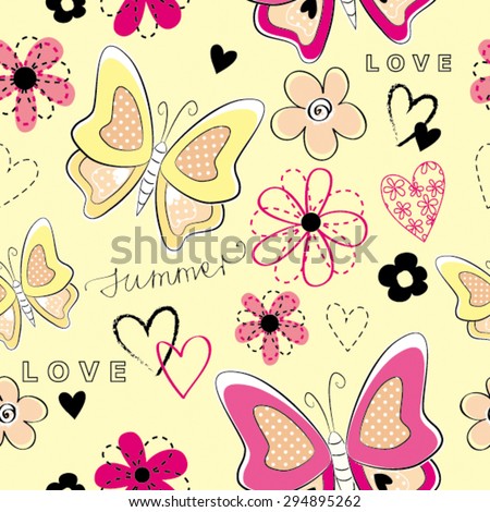 Beautiful Butterfly Flower Floral Heart Happy Summer Seamless Repeat Pattern Vector Illustration
