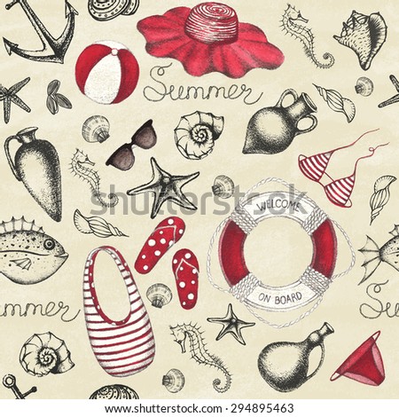 Summer set. Hand drawn retro icons summer beach set on a grunge paper background. Vintage style. Seamless pattern. Vector illustration.