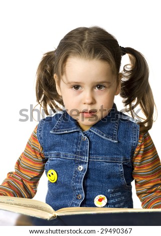 Small cute girl with a book on white background