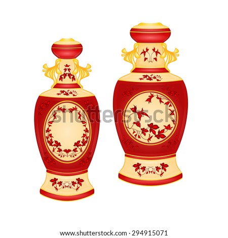 Two vases with red floral pattern vintage vector illustration  
