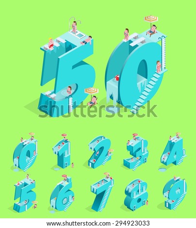 Set of Isolated High Quality Isometric Blue Numbers on Green Background ( Zero , One , Two , Three , Four , Five , Six , Seven , Eight and Nine ). Vector Illustration.