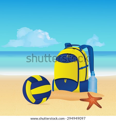 Volleyball equipment: volleyball ball, backpack and bottle of water on the beach. Summer background. Vector illustration