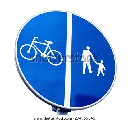 blue road sign for bikes and pedestrians isolated on white