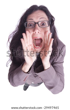 Portrait of a business woman screaming with brown eyes in glasses (isolated on white background)