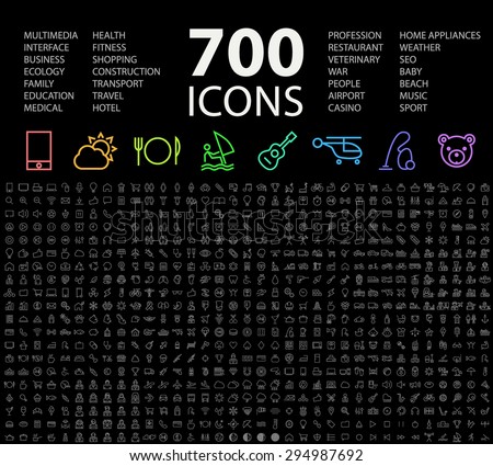 Set of 700 Minimal Universal Isolated Modern Elegant Neon Color Thin Line Icons on Black Background. Royalty-Free Stock Photo #294987692