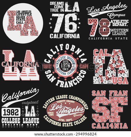 California T-shirt fashion Typography label set, sport emblem design, Los Angeles graphic Print - vector illustration 