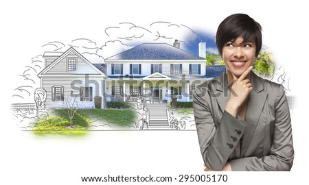 Mixed Race Female Gazing Over House Drawing and Photo Combination on White.