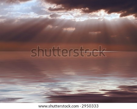 Calm seascape with stormy sky where sun-rays get through the clouds and hit the horizon.