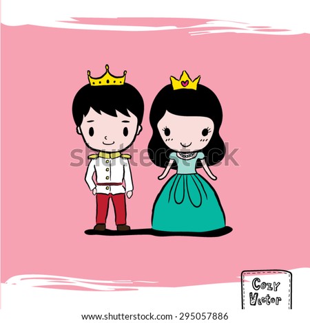 Hand Drawing prince and princess character cartoon vector.