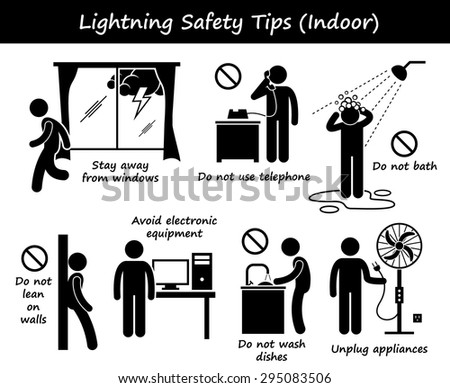 Lightning Thunder Indoor Safety Tips Stick Figure Pictogram Icons