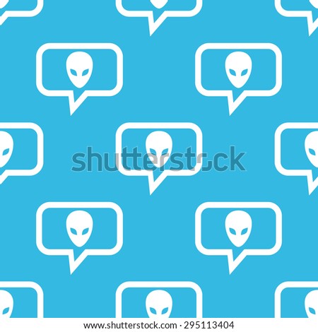 Image of alien face in chat bubble, repeated on blue background