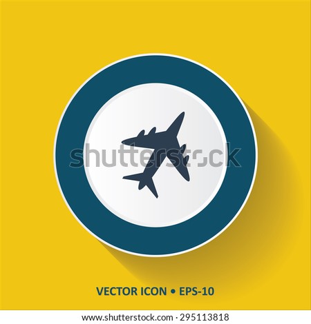 Blue vector Icon of Airplane on Yellow Color Background with Long Shadow. Eps.10.