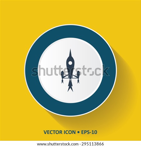 Blue vector Icon of Rocket on Yellow Color Background with Long Shadow. Eps.10.