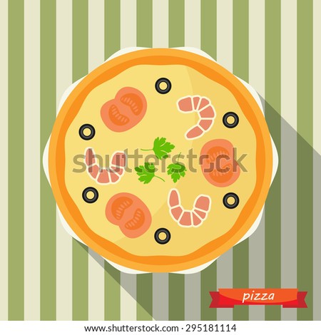 Pizza icon with long shadows. Vector illustration, flat icon, design element.