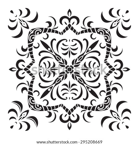 Hand drawing decorative tile pattern. Italian majolica style Black and white silhouette. Vector illustration. The best for your design, textiles, posters, tattoos, corporate identity