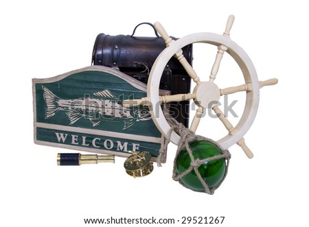 Carved wooden nautical sign with a large fish and the word welcome, ship steering wheel, glass float, old foot locker and brass instruments - Path included