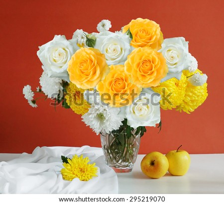 Still life with roses and aster flowers and fruits on artistic background