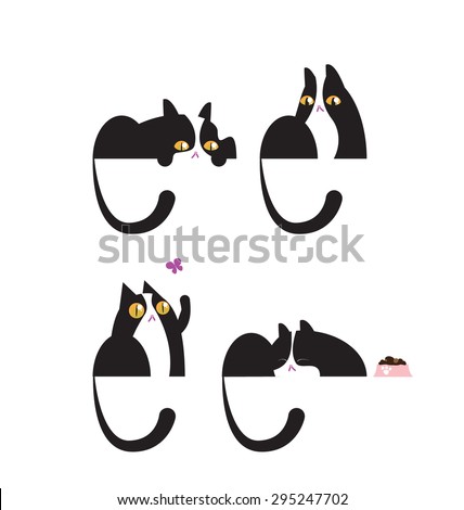 Set of four positions of the black and white cat.
Sitting, sleeping, playing and hunting. 