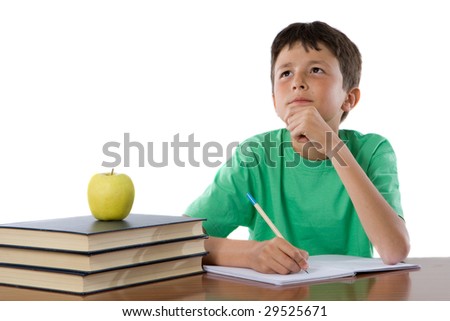 Adorable student thinking on a over white background