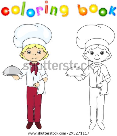 Cook or waiter in his uniform with closed dish. Coloring book. Game for children. Vector illustration