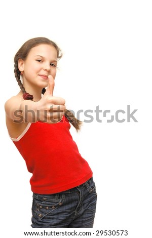 girl with thumb up on white