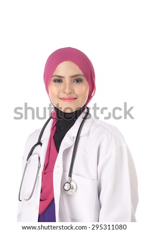 Confident Muslim female doctor standing with isolated white (Portrait). Royalty-Free Stock Photo #295311080