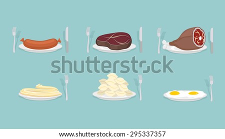 Meat food: Sausage and dumplings. Ham and steak. Scrambled eggs and pasta.  Food on  plate. Cutlery: knife and fork. Food for dinner, breakfast and lunch. Vector illustration.