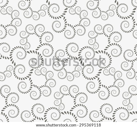Seamless lace pattern. Vintage, curled texture. Spiral, twirl silhouettes with laurel leaves. Floral theme. Twist ornament.  Gray figure on light gray background. Silver colored. Vector illustration