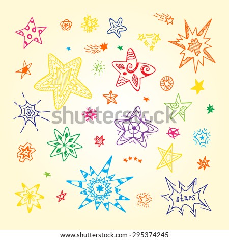 Collection of stars. Colorful Stars hand drawn doodles