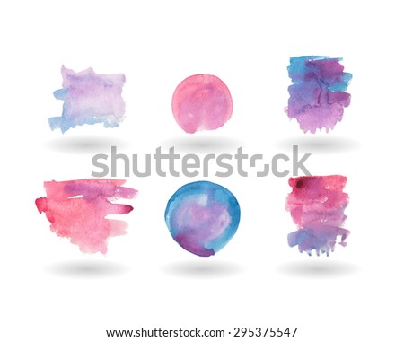 Set watercolor background stains. Watercolor set of banners. Six blue and purple watercolor background texture. Stock vector.