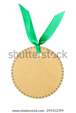 Blank brown tag circle shape and green ribbon isolated on white background, save clipping path.