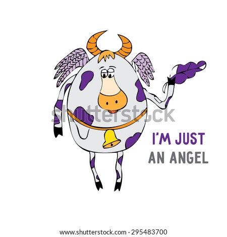 cartoon cow with a bell and wings . flying cow . Vector background for banner or postcard , the image on the shirt .