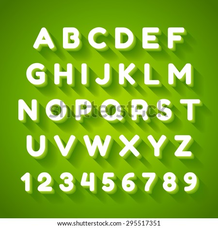 3d alphabet font with flat long shadow effect. Vector illustration. Green background