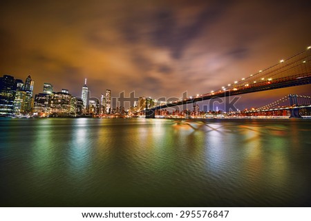 Manhattan, Brooklyn Bridge, and Manhattan Bridge, New York, at Night