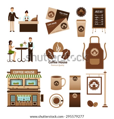 Coffee house and cafe icons set with cup table waiter isolated vector illustration