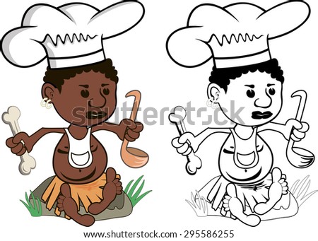 Cartoon drawing of an african chef cook with bone and soup ladle